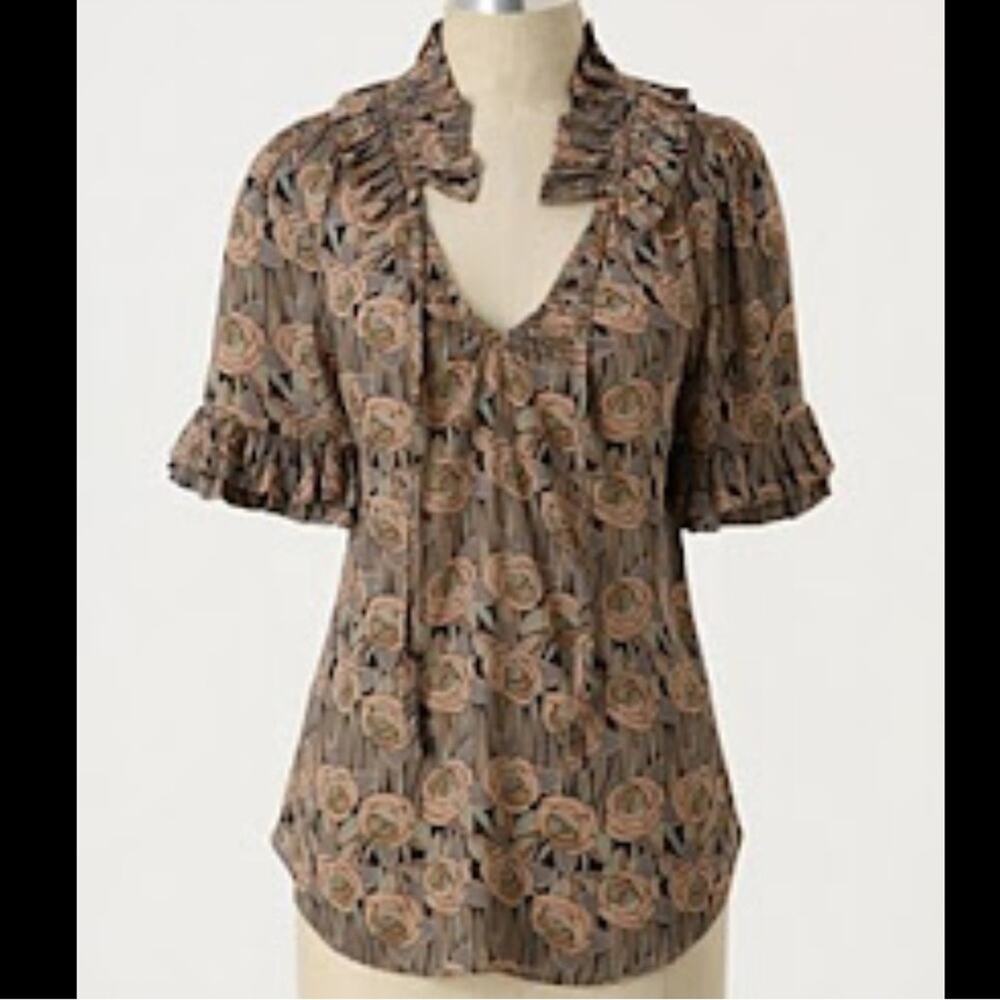 Anthropologie Odille Floral Short Sleeve Ruffle Blouse Sz 4